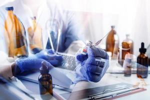 Double exposure of technology healthcare And Medicine concept. Doctors using digital tablet and modern virtual screen interface icons panoramic banner, blurred background. photo