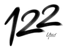 Plantilla de vector de celebración de aniversario de 122 años, diseño de logotipo de 122 números, 122 cumpleaños, números de letras negras dibujo de pincel boceto dibujado a mano, ilustración de vector de diseño de logotipo de número