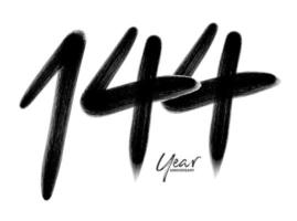 Plantilla de vector de celebración de aniversario de 144 años, diseño de logotipo de 144 números, 144 cumpleaños, números de letras negras dibujo de pincel boceto dibujado a mano, ilustración de vector de diseño de logotipo de número