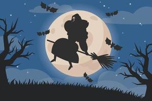 Halloween night landscape illustration with tombstones, witch on broomstick and full moon vector