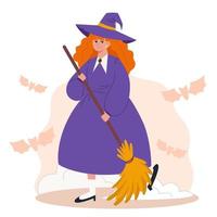 Witch with a broom sweeping the floor vector