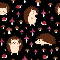 Repeating pattern with cute hedgehogs, snails and mushrooms on a black background. vector