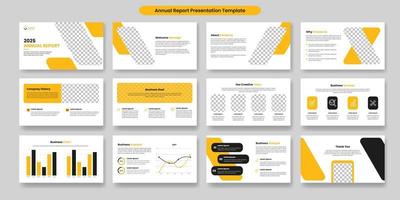 plantilla de diapositivas de presentación de informe anual amarillo o diseño de presentación de negocios corporativos y conjunto de infografía y perfil de empresa vector