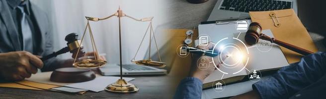 Justice and law concept. Gavel on sounding block in hand's Male judge at a courtroom, working with document law books, report the case on table in modern office. photo