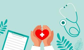 las manos de un profesional médico sostienen un corazón, una tableta y un estetoscopio, vista superior. banner con espacio de copia. ilustración de stock vectorial. vector