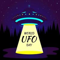 Spacecraft over the ground at night, beam of light. World UFO Day. Banner with text. Vector stock illustration.