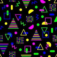 Geometric shapes of neon color on a black background abstract seamless pattern in memphis style. Textile design, wallpaper, packaging and advertising. Vector stock illustration.