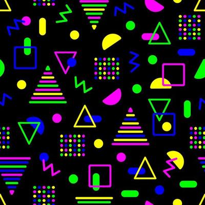 Geometric shapes of neon color on a black background abstract seamless pattern in memphis style. Textile design, wallpaper, packaging and advertising. Vector stock illustration.
