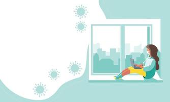 Character of a girl in a protective medical mask with a computer at home quarantine. Isolation concept of a house during the coronavirus pandemic. Copy space banner design. Vector stock illustration.