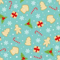 New Year and Christmas seamless pattern. Gingerbread cookies, snowflakes, candies and gifts on a blue background. Packaging design, textiles, wallpaper. Stock vector illustration.