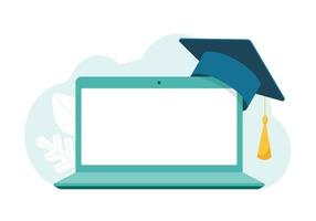 Laptop with blank screen, academic mortarboard graduate cap. Online learning concept. Vector stock illustration.