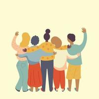 People friends stand with their backs hugging. Friendship concept, human solidarity day. Vector stock illustration.