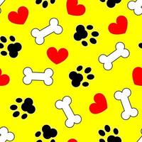 Dog pet footprints heart and bone on yellow background seamless pattern. Design for pet supplies, textiles, packaging. Stock vector illustration.