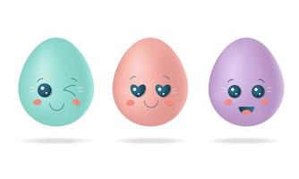 Set of cute 3D Easter eggs with face emotions isolated on white background. Vector stock illustration.