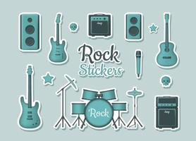 Set of 3d stickers with musical instruments for rock concert on turquoise background. Acoustic, electric and bass guitar, amplifyer, drum kit, sound speakers and microphone. Vector illustration