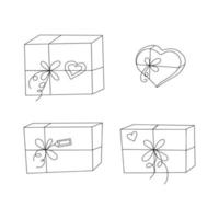 gift box with ribbon and bow set isolated on white. hand drawn in doodle style vector