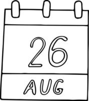 calendario dibujado a mano en estilo garabato. 26 de agosto. día de la igualdad de la mujer, fecha. icono, elemento adhesivo para el diseño. planificación, vacaciones de negocios vector