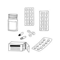 pills set hand drawn doodle. , scandinavian, nordic, minimalism, monochrome icon medicine medicines vitamins capsules vector