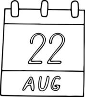 calendario dibujado a mano en estilo garabato. 22 de agosto. día internacional en conmemoración de las víctimas de actos de violencia basados en la religión o las creencias, fecha. icono, elemento adhesivo para el diseño. planificación, vector