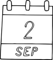 calendario dibujado a mano en estilo garabato. 2 de septiembre. día, fecha. icono, elemento adhesivo para el diseño. planificación, vacaciones de negocios vector