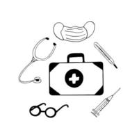 botiquín de primeros auxilios, máscara, estetoscopio, termómetro, jeringa, juego de gafas garabato dibujado a mano. , escandinavo, minimalismo nórdico icono monocromo medicina médico tratamiento vector