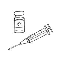 vaccine medicine bottle and syringe hand drawn doodle. , scandinavian, nordic, minimalism, monochrome. set icon vaccination injection vector