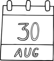 calendario dibujado a mano en estilo garabato. 30 de agosto. día, fecha. icono, elemento adhesivo para el diseño. planificación, vacaciones de negocios vector