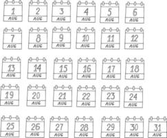August month calendar set page hand drawn in doodle style. minimalism monochrome scandinavian nordic liner. planning, business, date, day. collection icon, sticker, print vector