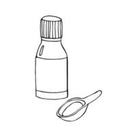 jarabe medicinal en una botella y cuchara dosificadora dibujada a mano. , escandinavo, nórdico, minimalismo, monocromo. icono, pegatina, tratamiento de salud vitaminas vector
