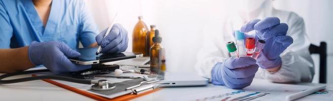 Double exposure of technology healthcare And Medicine concept. Doctors using digital tablet and modern virtual screen interface icons panoramic banner, blurred background. photo