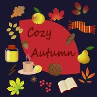 Autumn banner. cozy autumn. Autumn leaves, hot tea, honey and cookies on a blue background. cartoon vector illustration.
