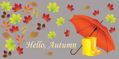 Autumn banner. Hello, autumn. Gray background, red and yellow autumn leaves, rubber boots and an umbrella. cartoon vector illustration.