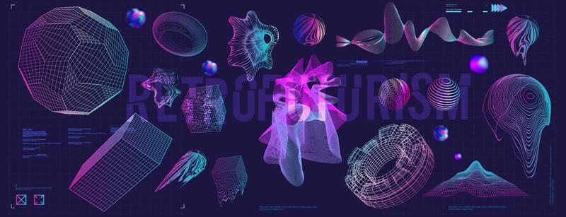 Holographic Retro futuristic 80s-90s style. Cyberpunk concept. Shapes design elements, retro vibe,