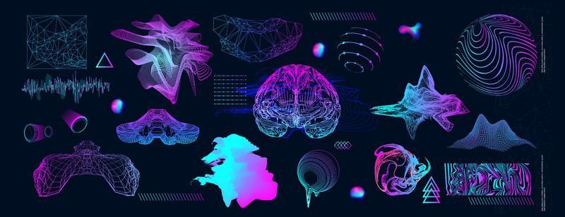 Holographic Retro futuristic 80s-90s style. Cyberpunk concept. Shapes design elements, retro vibe,
