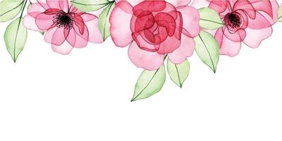 watercolor drawing. seamless border, transparent flowers frame, pink roses, buds and leaves. x-ray vector