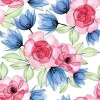watercolor drawing. seamless pattern of transparent flowers and rose leaves. pink rose and blue tulips x-ray