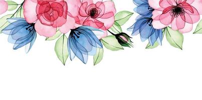 watercolor drawing. seamless border, baner of transparent flowers and rose leaves. pink rose and blue tulips x-ray vector