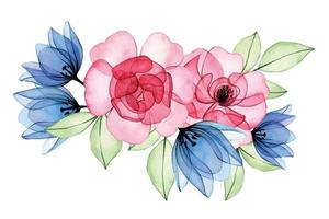 watercolor drawing. bouquet of transparent flowers and rose leaves. pink rose and blue tulips x-ray