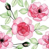 watercolor drawing. seamless pattern of transparent flowers, pink roses, buds and leaves. x-ray, print for fabric, scrapbooking vector