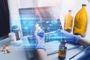 Double exposure of technology healthcare And Medicine concept. Doctors using digital tablet and modern virtual screen interface icons panoramic banner, blurred background. photo