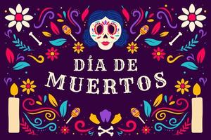 Dia de muertos, day of dead illustration with womens skull, candle, and maracas vector