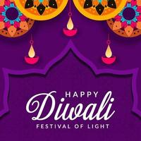 happy diwali in purple background with diya decoration and rangoli art vector