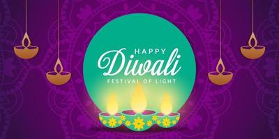 happy diwali in purple background and with rangoli brighten up vector
