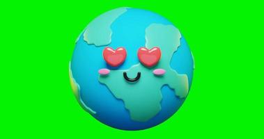 Emoticones de personajes emoji de tierra lindos y adorables en 3d en bucle. Tierra de dibujos animados en 3D con emoticono de ojos de amor.