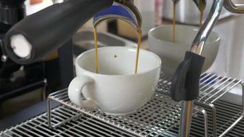 caffè estrazione a partire dal il caffè macchina con un' portafilter scrosciante caffè in un' tazza, espresso scrosciante a partire dal caffè macchina a un' bar video