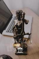 justice and law concept.Male judge in a courtroom on wooden table and Counselor or Male lawyer working in office. Legal law, advice and justice concept. photo