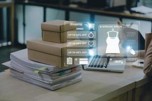 Attractive Asian SME business woman working at home office. online shopping concept photo
