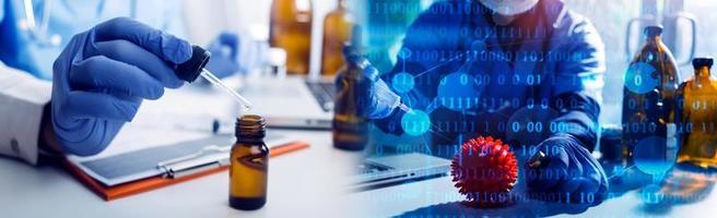 Double exposure of technology healthcare And Medicine concept. Doctors using digital tablet and modern virtual screen interface icons panoramic banner, blurred background. photo