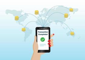 I banking, worldwide financial business transfer and payment. Hand holding smartphone using financial app transfer money on world map background. vector