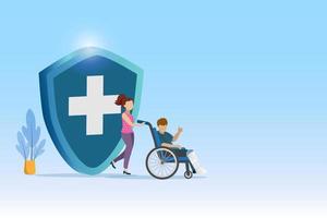 Man with broken leg in plaster cast on wheelchair with medical insurance shield. Medical and healthcare insurance planning for family accident and health protection. vector